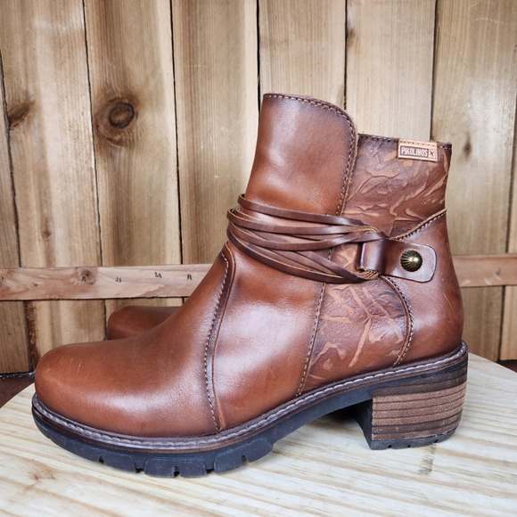 PIKOLINOS Shoes - Pikolinos San Sebastia Boots Womens 37 Brown Leather Ankle Strap Embossed Zip